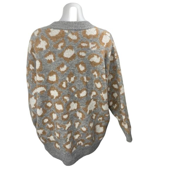 MNG Mango Gray Wool Leopard Animal Print Button Long Sleeve Cardigan Sweater M - Picture 2 of 4